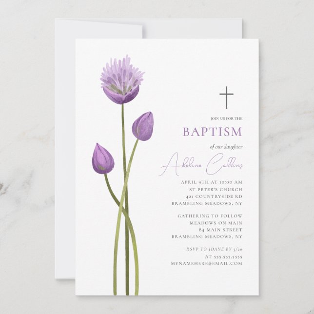Invitation Fleurs de bulles de lavande douce Baptême minimali (Devant)