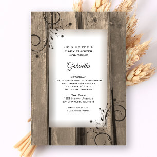 Invitation Fleurs de campagne Baby shower en bois de grange