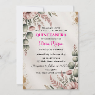 Invitation Fleurs de Cerisier Papillon Or Rosé Quinceañera