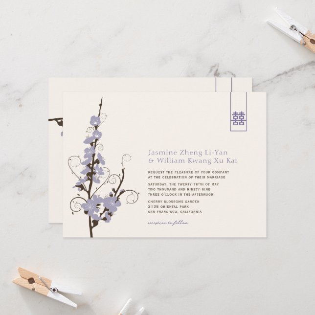 Invitation Fleurs de cerisier pourpre Sakura torse Mariage as (Devant/Arrière en situation)