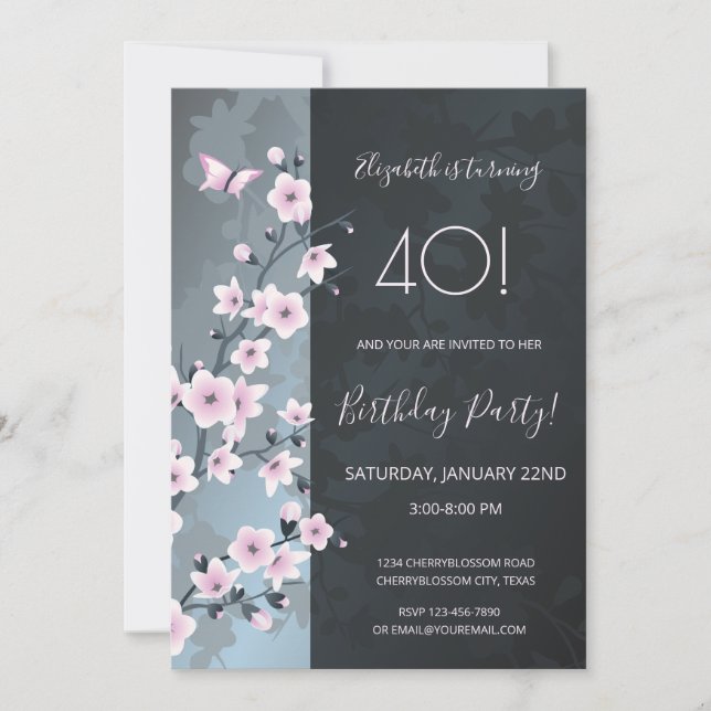 Invitation Fleurs de cerisier rose Dusky Personnalisé Anniver (Devant)
