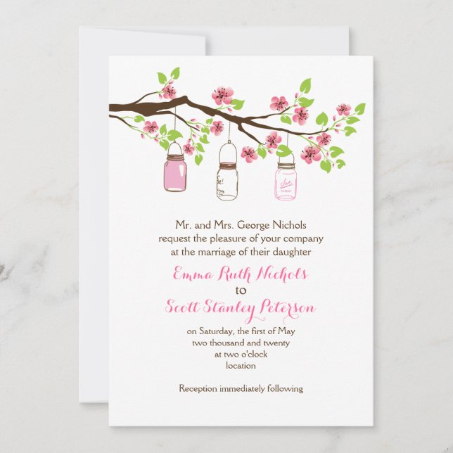 Invitation Fleurs de cerisier rose & jarres de mason mariage  (Devant)