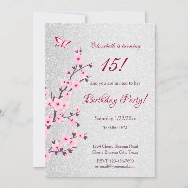Invitation Fleurs de cerisier rose Parties scintillant d'arge (Devant)