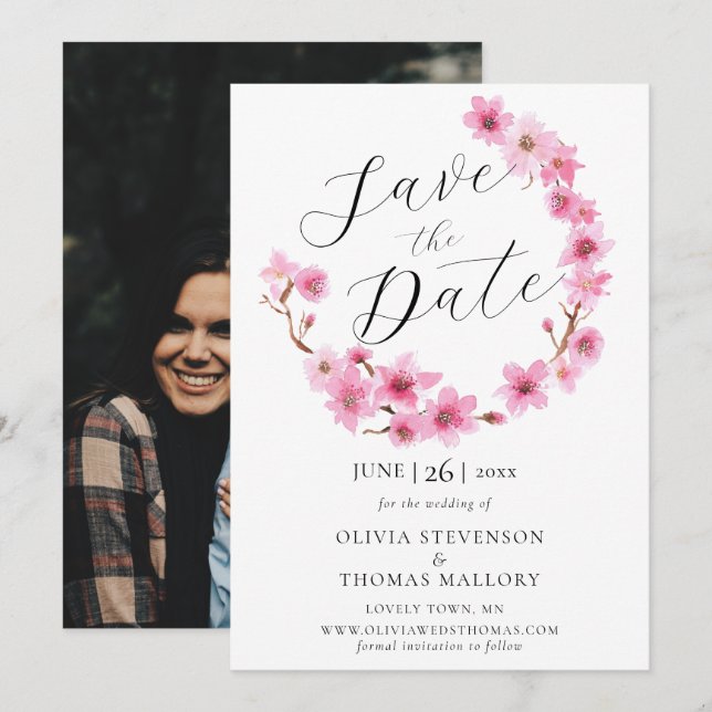 Invitation Fleurs de cerisier Wreath Photo Wedding Enregistre (Devant / Derrière)