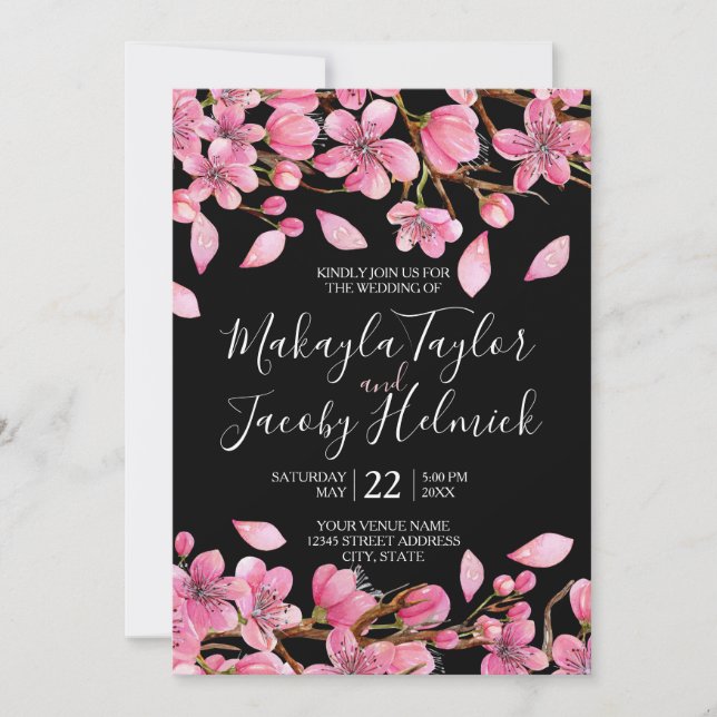 Invitation Fleurs de cerisiers roses sur le Mariage noir (Devant)