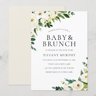 Invitation Fleurs de Champagne Blanc Baby shower élégant Brun