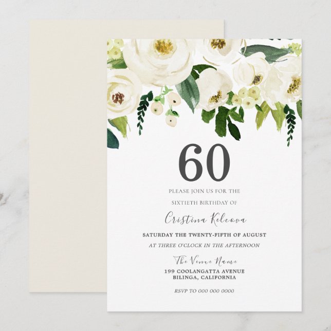 Invitation Fleurs de Champagne Blanche 60e fête d'anniversair (Devant / Derrière)