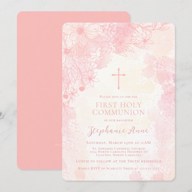 Invitation Fleurs de communion Aquarelles roses (Devant / Derrière)
