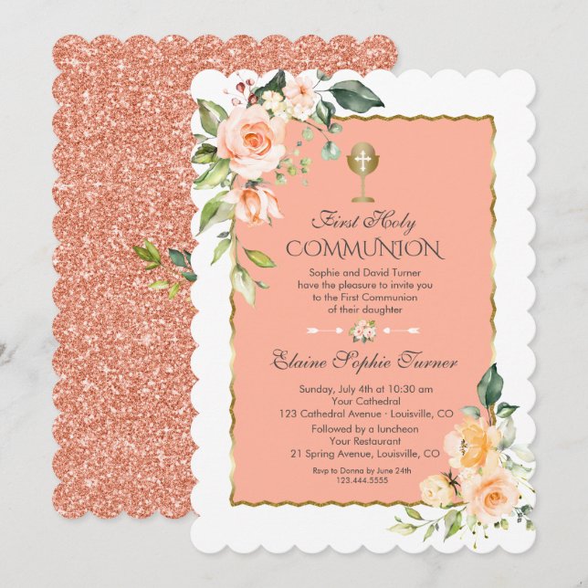 Invitation Fleurs de corail moderne Parties scintillant de co (Devant / Derrière)