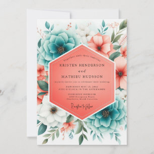 Invitation Fleurs de corail sarcelle Romance Mariage