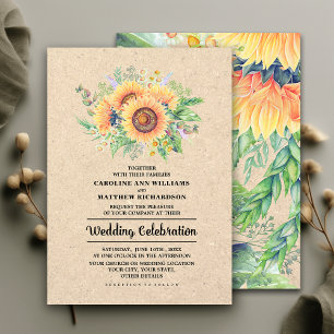 Invitation Fleurs de couleur aquarelle   Mariage papier Kraft