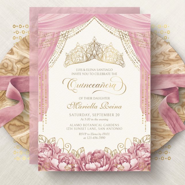 Invitation Fleurs de Couronne rose pâle Quinceanera (Créateur téléchargé)