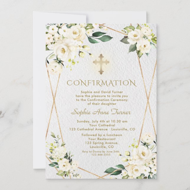 Invitation Fleurs de crème blanche de luxe Confirmation Gold  (Devant)