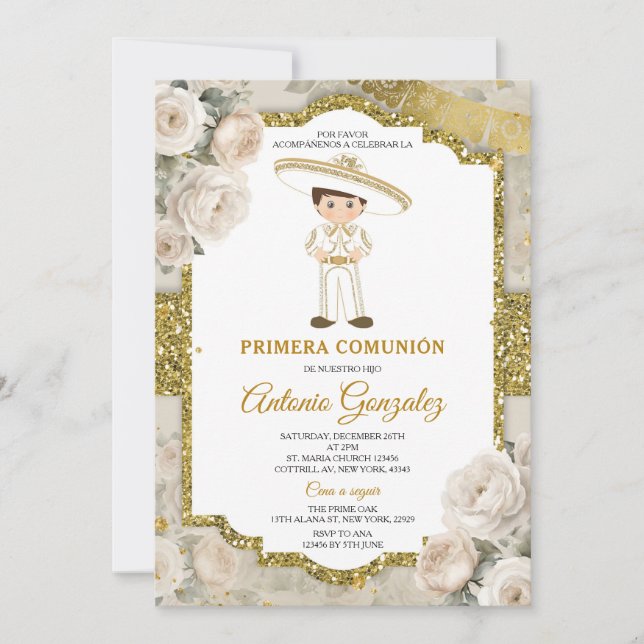 Invitation Fleurs de crème blanche Or mignonne Garçon Primera (Devant)