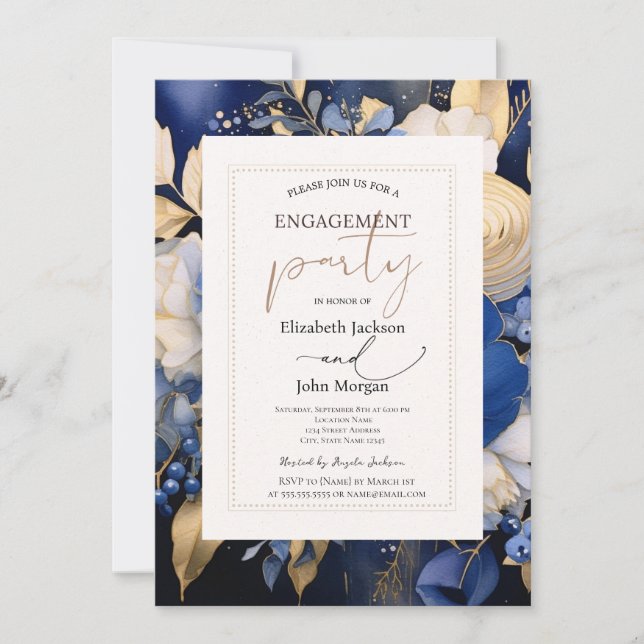 Invitation Fleurs de crème bleue de la Marine Partie d'engage (Devant)