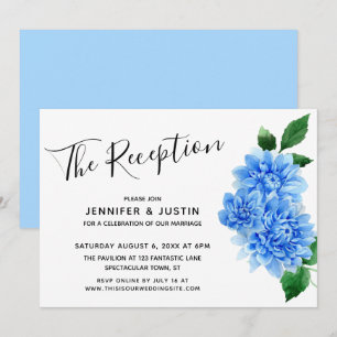 Invitation Fleurs de Dahlia à l'aquarelle bleue Réception mod