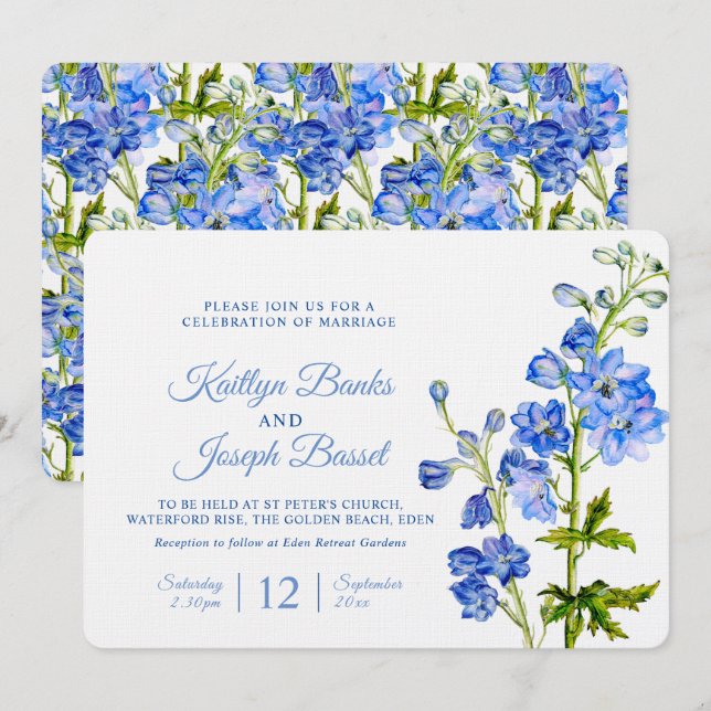 Invitation Fleurs de Delphinium bleu aquarelle art mariage (Devant / Derrière)