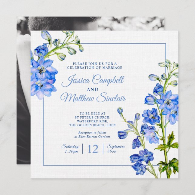 Invitation Fleurs de Delphinium bleu aquarelle art mariage (Devant / Derrière)