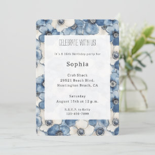 Invitation Fleurs de Denim Bleu Blanc Anniversaire