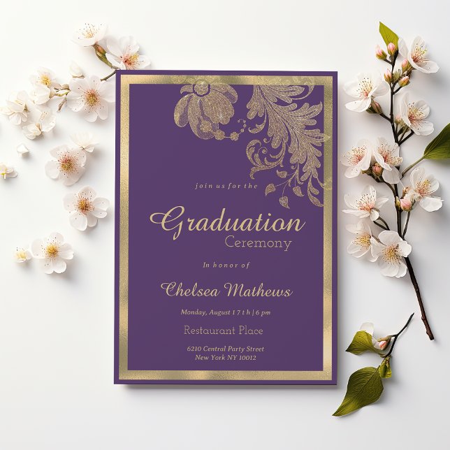 Invitation Fleurs de dentelle de luxe violettes et dorées pou (Classy purple gold glitter lace flowers Graduation )