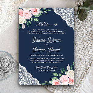 Invitation Fleurs de dentelle rose Code QR bleu marine Mariag