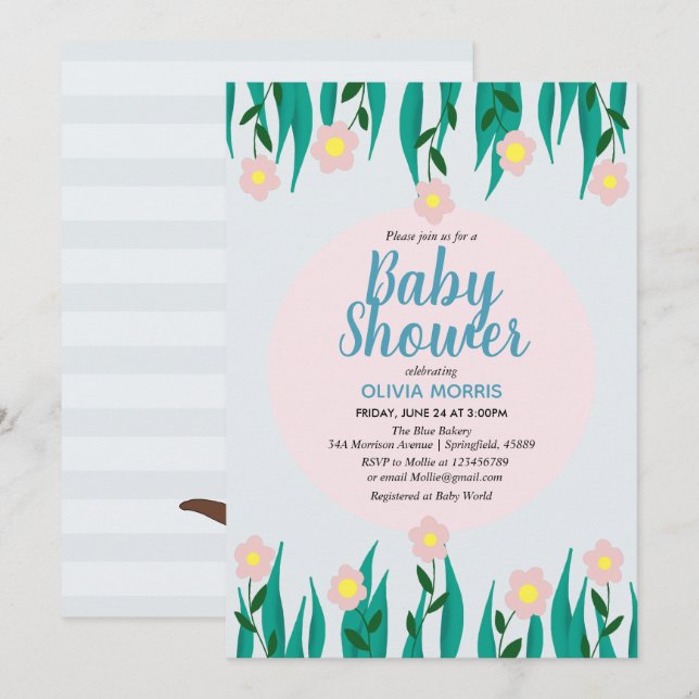 Invitation Fleurs de dessin mignonnes Otter et Baby shower de (Devant / Derrière)