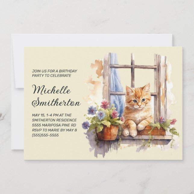 Invitation Fleurs de fenêtre de chaton jaune Anniversaire  (Devant)
