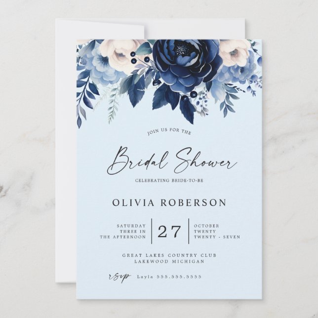 Invitation Fleurs de Fête des mariées Mariage bleue (Devant)