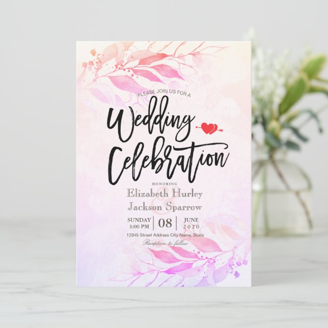 Invitation Fleurs de feuilles aquarelles magenta Botanique Ma (Debout devant)