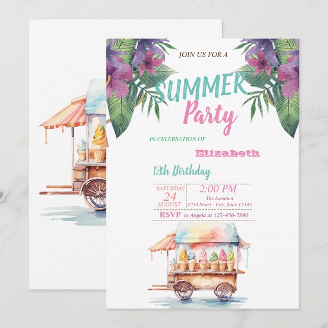 Invitation Fleurs de feuilles de palmier Crèmes glacées Anniv (Devant / Derrière)