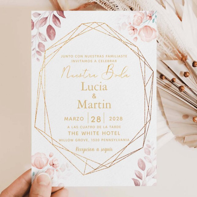 Invitation Fleurs de feuilles florales rose rose or espagnol  (Créateur téléchargé)