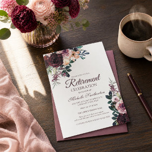 Invitation Fleurs de feuilles florales roses Bourgogne pour l