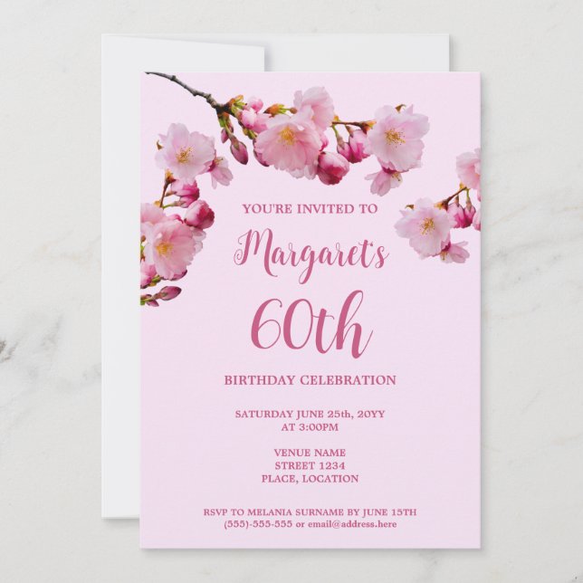Invitation Fleurs de fleurs de cerisier rose 60e fête d'anniv (Devant)