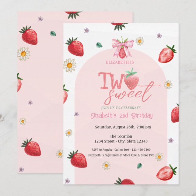 Invitation Fleurs de fraises Deux douces 2e anniversaire (Devant / Derrière)