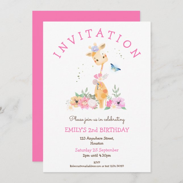 Invitation Fleurs de Giraffe Cute Filles 2e fête d'anniversai (Devant / Derrière)