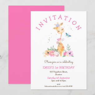 Invitation Fleurs de Giraffe mignonne Filles 1er Anniversaire