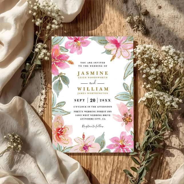 Invitation Fleurs de Glitter Tropicales Élégant Mariage Code  (Créateur téléchargé)