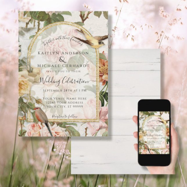 Invitation Fleurs de gouache botanique n Oiseaux Mariage doré (Créateur téléchargé)
