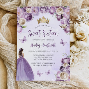 Invitation Fleurs de gouache violet or Sweet 16