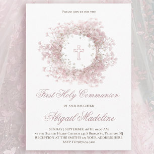 Invitation Fleurs de Gypsophile bébé rose Première Sainte Com