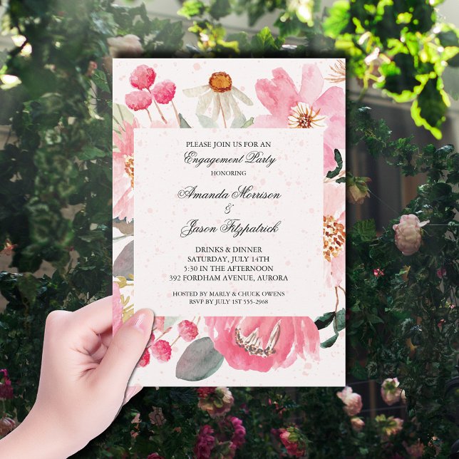 Invitation Fleurs de jardin Partie d'engagement (Watercolor pink garden flowers engagement party invitations)