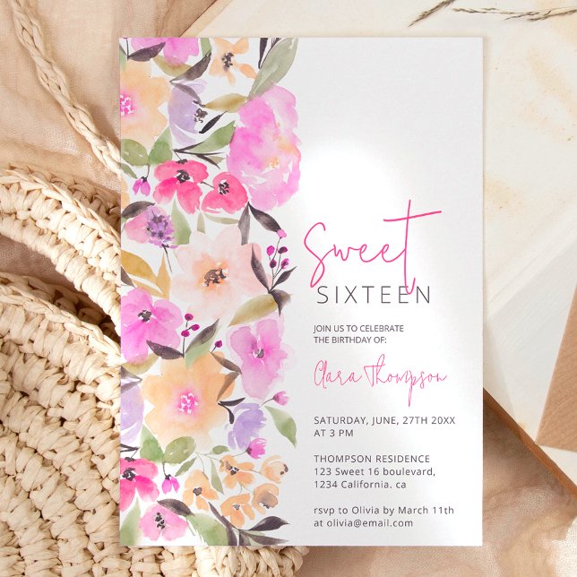 Invitation Fleurs de jardin peintes aquarelle Sweet 16 (Créateur téléchargé)