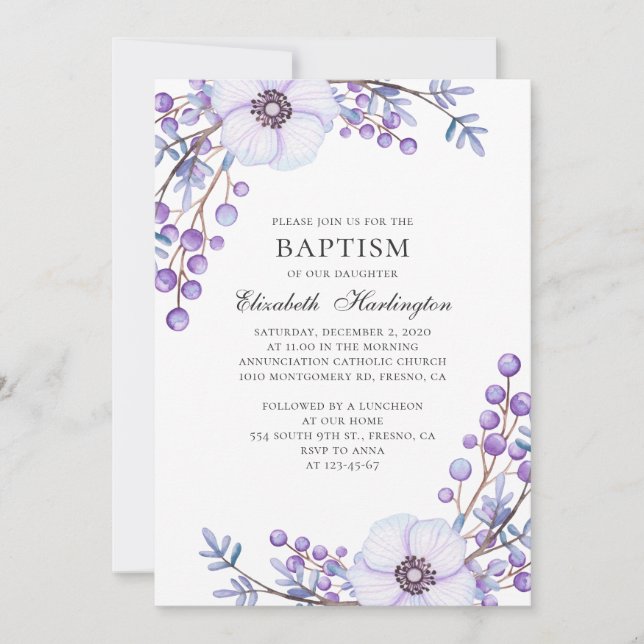 Invitation Fleurs de jardin pourpres. Baptême floral violet (Devant)