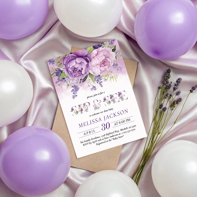 Invitation Fleurs De Jardin Violet Et Rose Fille Sip Et Voir (Purple & Pink Garden Flowers Girl Sip And See Invitation)