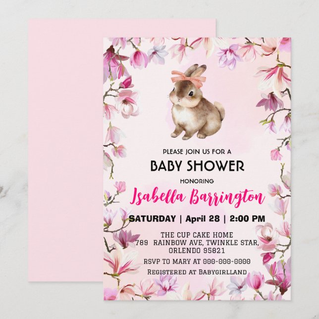 Invitation Fleurs de lapin rose mignonne baby shower filles (Devant / Derrière)