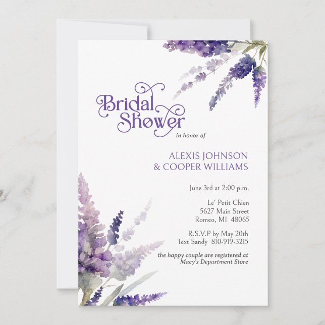 Invitation Fleurs de Lavande Boho rustique Fête des mariées v (Devant)