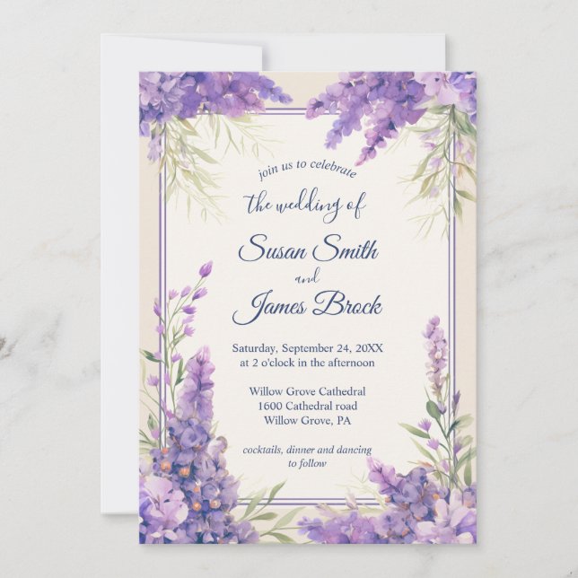 Invitation Fleurs de Lavande violette enveloppées dans une cr (Devant)