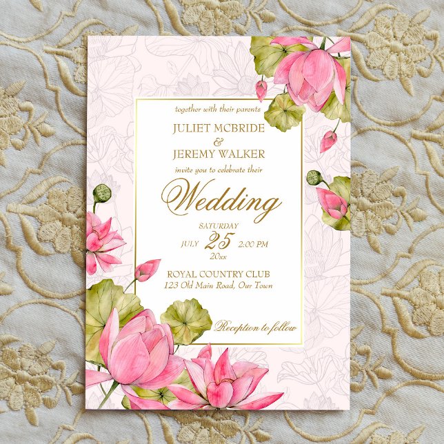 Invitation Fleurs de lotus rose bordure dorée élégant (Créateur téléchargé)