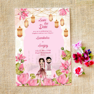 Invitation Fleurs de Lotus rose lanterne mariage indien