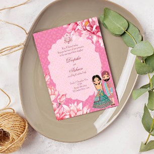 Invitation Fleurs de lotus roses avec un joli couple de marié